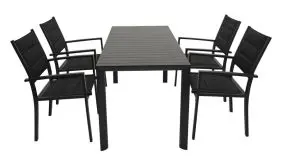 Das große 5-teilige Set mit vier Stapelstühlen und einem von 117 auf 162 cm erweiterbaren Ausziehtisch empfiehlt sich für Terrassen