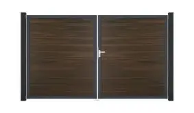 Doppeltor in Walnussdekor bestehend aus 12 kratzfesten BPC-Lamellen, Aluminiumrahmen und Zubehörteilen.