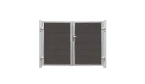 Das WPC Doppeltor Futura mit einem Maß von 197 x 145 cm unter der Klinke auf der rechten Seite