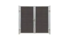 Das Futura WPC Doppeltor mit den Maßen 197 x 180 cm in schiefergrau und der Klinke auf der linken Seite. Die Tore werden vormontiert inkl. 80 x 80 mm Stahlpfosten geliefert