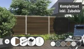 WPC Sichtschutzblenden Komplettset Mölln - in 6 verschiedenen Dekoren. Im Set enthalten sind die Lamellen, Abschlussleisten, Pfosten und optional Pfostenträger und Einzeltor.