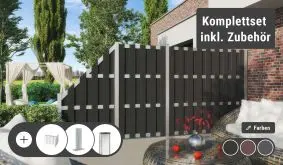 Das Komplettset der WPC Zäune Grevesmühlen ist einfach zusammengestellt und enthält zudem alles Zubehör für die Montage. Auswählbar in Anthrazit, Braun oder Grau