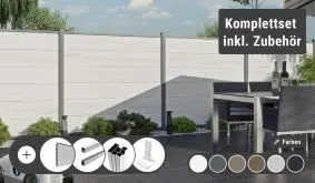 WPC Zaun Schwerin – unkompliziert konfiguriert, schnell geliefert! Länge, Farbe, Befestigung und optional ein Tor dazu wählen – wir versenden das Komplettset inkl. Zubehör frei Bordsteinkante zu Ihnen.