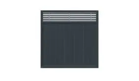 Großes Zaunfeld 180 x 180 cm mit senkrechtem Profilverlauf, geschlossene Füllung und schräggestellten Lamellen oberhalb in
 Anthrazit