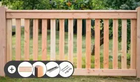 Das Komplettset der Zaunelemente aus Douglasie erhalten Sie mit allen nötigen Zubehörteilen für eine einfache Montage frei Bordsteinkante geliefert.