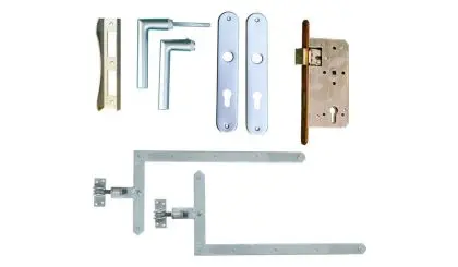 Torbeschlag A: Komplettsatz mit Drückergarnitur, Einsteckschloss PZ, Anschlagwinkel, 2 x Winkelband 600 mm (verstellbar, gekröpft), Schrauben