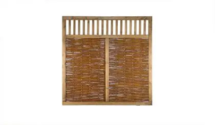 Ölbehandelter 180 x 180 cm Sichtschutz Weide mit braun gebeiztem 70 x 35 mm Rahmen aus Kiefer und Rankstäben im oberen Bereich Ölbehandelter 180 x 180 cm Sichtschutz Weide mit braun gebeiztem 70 x 35 mm Rahmen aus Kiefer und Rankstäben im oberen Bereich