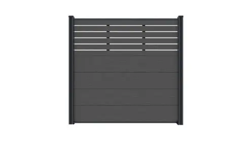 Vier extrabreite 179 x 28 x 2 cm WPC Füllprofile und sechs schmale 179 x 9 x 2 cm WPC Lamellen bilden ein Zaunset