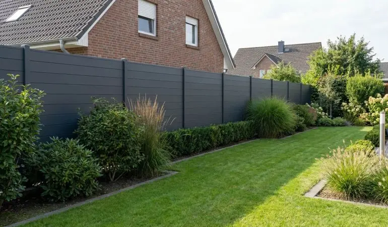 Alu Sichtschutzwand in einem Garten als Grundstücksbegrenzung mit einem Haus im Hintergrund