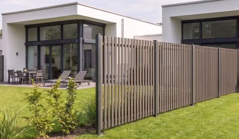 Alu Stelenzaun Cuxhaven im Maß 180 x 180 cm auf einer Terrasse als Abgrenzung zum Nachbarhaus