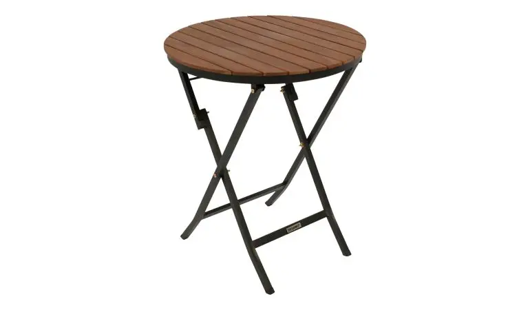 Runder Balkonklapptisch mit anthrazitem Stahlgestell und Tischplatte aus Akazienholz
