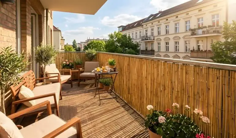 Bambusmatte als Sichtschutzmatte, gelblich-grüne Bambusrohre am Geländer eines Stadtbalkons