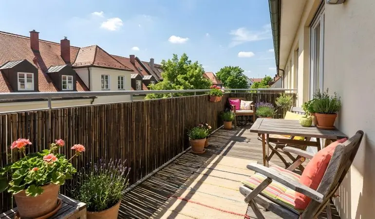 Die einzelnen ca. 24 - 40 mm starken Bambusrohre der Bambusmatten werden von einem durchgehenden Draht zusammengehalten.