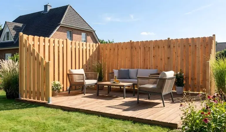 Blickschutz Montreux, Holz-Zaunelemente mit senkrechten Latten und Rundkopf als Ecklösung auf Terrasse