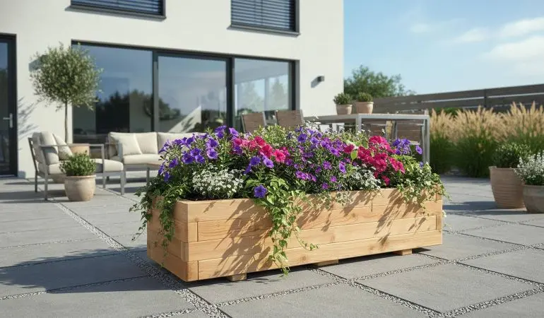 Rechteckiger Holzpflanzkasten auf moderner Terrasse, bepflanzt mit bunten Sommerblumen und hängendem Grün; Gartenmöbel und Kübelpflanzen im Hintergrund.