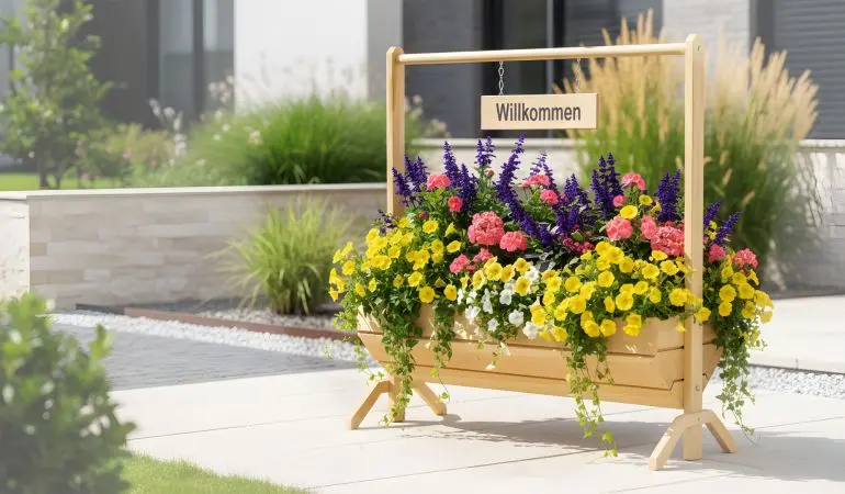 Holzpflanzkasten mit „Willkommen“-Schild, bepflanzt mit bunten Sommerblumen, steht auf heller Terrasse vor modernem Garten.
