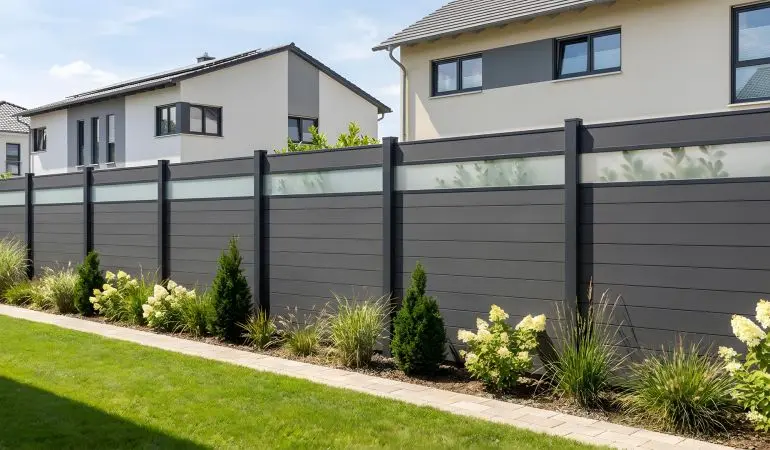 BPC Steckzaunsystem Kolding als Sichtschutzzaun in Anthrazit mit horizontalen Lamellen und Glaseinsatz im Garten