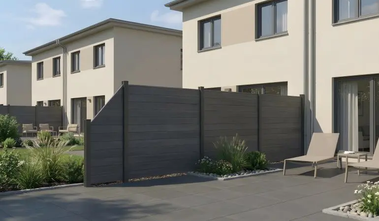 BPC Zaun Maribo in Steingrau mit horizontalen Lamellen als Terrassentrennung im modernen Garten