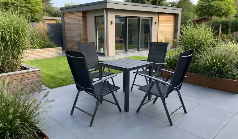 Camping Sitzgruppe Salerno mit 4 grauen Klappsesseln, schwarzer Textilbespannung und Tisch auf moderner Terrasse