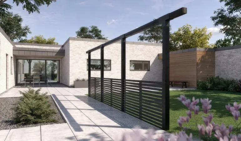 Einreihige Pergola aus druckimprägnierter und schwarz farbgrundierter Kiefer/Fichte. Hier im Bild kombiniert mit drei 180 x 90 cm Rankgitterelementen Tokyo (optionales Zubehör)