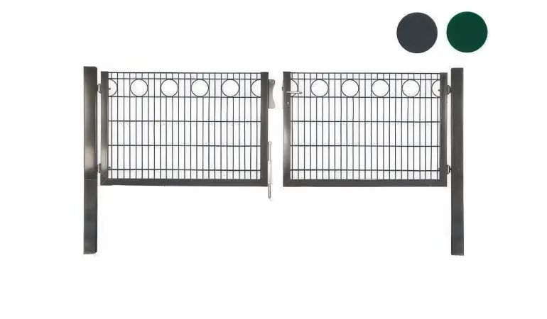 Das 2-flügelige 3000 mm Zauntor Metall mit Ø 145 mm Dekorringen ist in Höhen von 800, 1000 und 1200 mm erhältlich