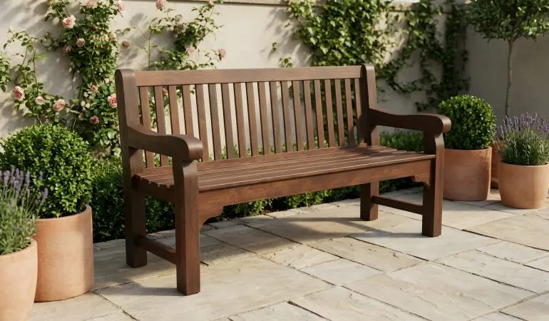 Gartenbank Kolonialstil Frederikstad aus geöltem Eukalyptusholz, dunkelbraun