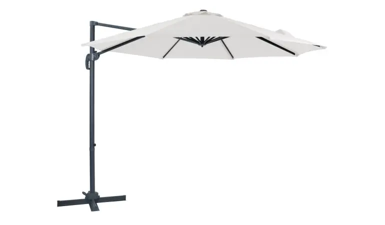 Gartenschirm Saragossa, helles Schirmdach mit seitlichem Mast und Kreuzfuß