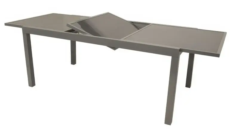 Der ausziehbare Gartentisch mit Alugestell und Tischplatte aus Sicherheitsglas ist in 2 Varianten erhältlich. Sie sind von 140 auf 200 cm bzw. 180 auf 240 cm verlängerbar