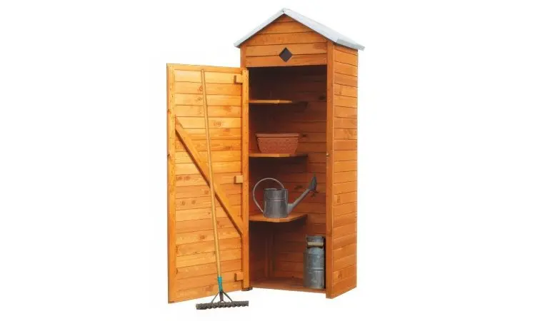 Kompakter 78 x 49,5 x 194,5 cm Geräteschrank mit drei integrierten Ablageflächen (hier in Honigbraun) 