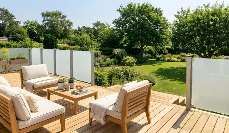 Glaszaun San Sebastian II aus satiniertem Mattglas, milchige Glasfelder an grauen Pfosten, auf Holzterrasse im Garten