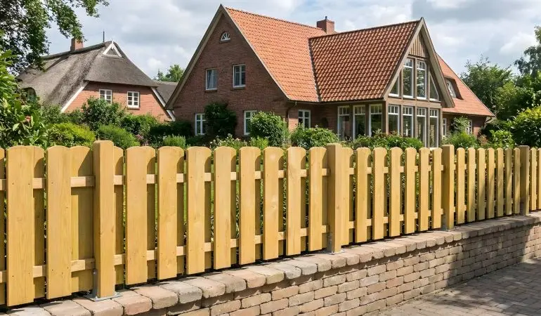 Robuster Zaun mit gerundeten Zaunlatten auf gemauerten Mauersockel als Grundstücksbegrenzung.