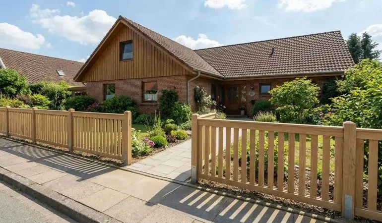 Holzgartenzaun Eiche aus massivem Eichenholz als niedriger Vorgartenzaun entlang Gehweg vor Einfamilienhaus.