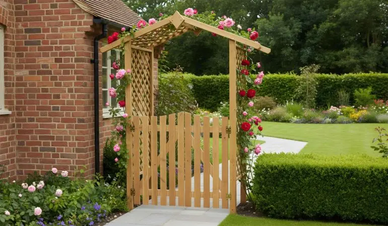 Holztor mit Rosenbogen und Rankgittern, üppig bewachsen mit roten und rosa Rosen. Es bildet einen einladenden Eingang zu einem gepflegten Garten.