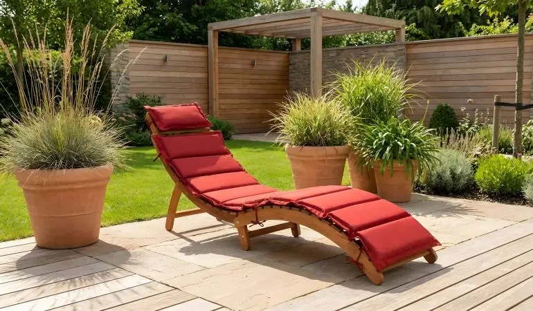 Klappliege Pablo aus Holz mit roter Polsterauflage, geschwungene Gartenliege auf Terrasse im Garten.