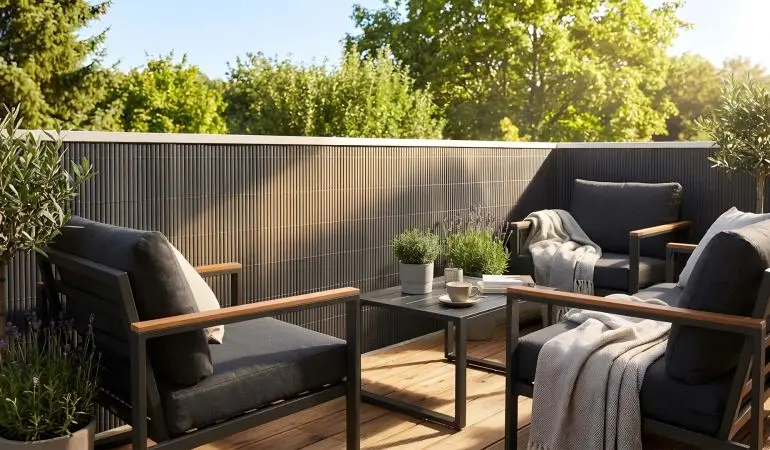 Kunststoff Sichtschutzmatte anthrazit mit senkrechter Struktur als Balkonsichtschutz auf einer Terrasse