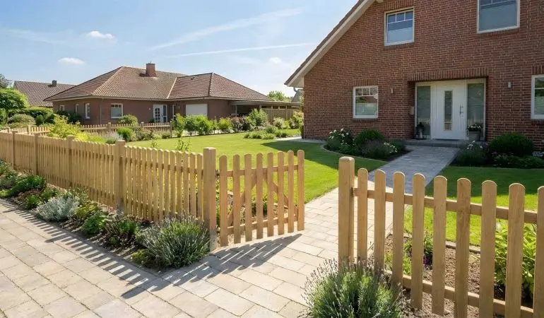 Stabiler Eichen-Lattenzaun mit gerundeten Zaunlatten vor blühendem Vorgarten an einer Sonnenterrasse.