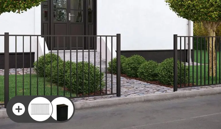 Das Komplettset bestehend aus feuerverzinkten Stahlzäunen sowie Pfosten und Montagematerial ist kinderleicht konfiguriert und schnell geliefert.