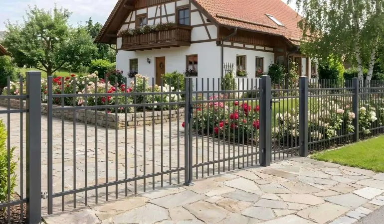 Metall Zaunelemente Bordeaux, anthrazitfarbener Stabzaun mit senkrechten Staketen und Tor an Einfahrt im Vorgarten