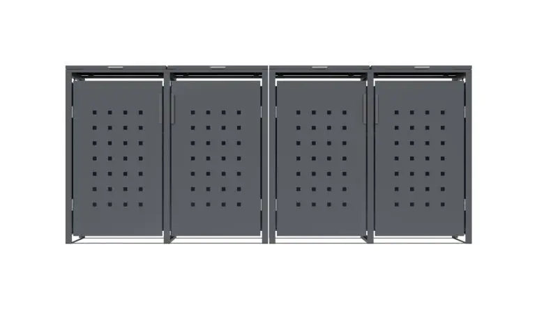 Mülleinhausung aus Stahl für 4 Tonnen mit quadratischer Musterung in den Türen vor weißem Hintergrund