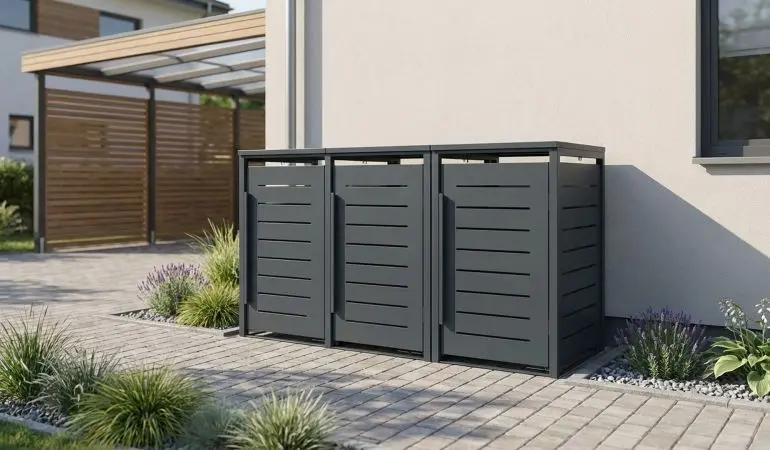 Mülltonnenbox Stahl 3er Box robust. Schützt Mülltonnen sicher und sorgt für ordentlichen, gepflegten Außenbereich