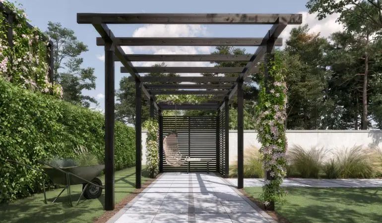Doppelpergola mit breiter Überdachungsfläche: Moderne Pergola aus Holz für wirkungsvolle Gartenwege oder geschützte Laufgänge