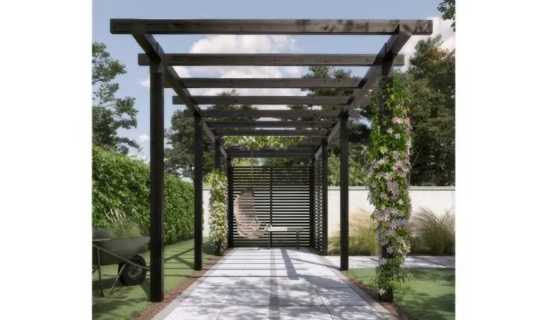 Doppelpergola mit breiter Überdachungsfläche: Moderne Pergola aus Holz für wirkungsvolle Gartenwege oder geschützte Laufgänge