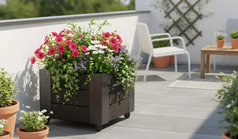 Schwarzer Pflanzkasten auf Rollen mit rosa, weißen und lila Blumen steht auf einer sonnigen Terrasse.