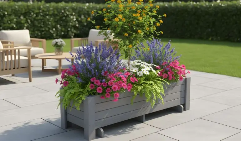 Graues Hochbeet aus Holz, bepflanzt mit bunten Sommerblumen und einem kleinen Strauch, steht auf einer modernen Terrasse im Garten.