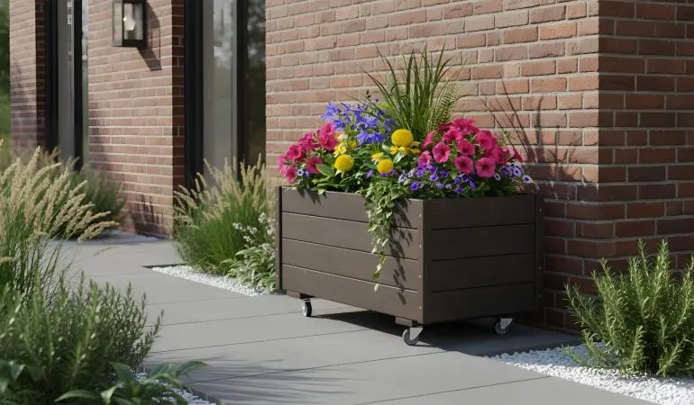 Dunkler Pflanzkasten auf Rollen mit bunten Blumen steht an einer Backsteinwand im Eingangsbereich.