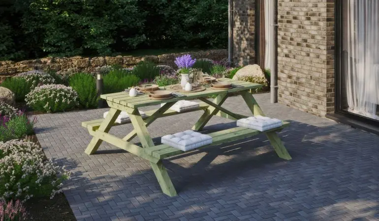 Für Ihre Terrasse: 180 x 75 x 170 cm Picknickbank aus druckimprägnierter Kiefer/Fichte für vier bis sechs Personen