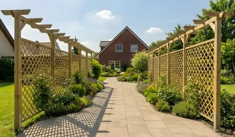 Rankgitterzaun Hiddensee Holzrankgitter mit Rautenmuster links und rechts am Gartenweg vor Blumenbeeten