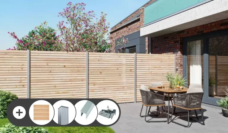 Rhombus Steckzaun Komplettset bestehend aus Zaunelementen, Alupfosten sowie Befestigungszubehör - kinderleicht konfiguriert und bestellt.