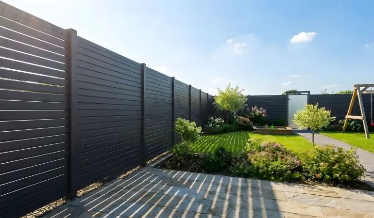 Rhombuszaun Heiligenhafen, anthrazitfarbene Lamellen aus Aluminium mit Pfosten im Garten mit Terrasse und Rasen