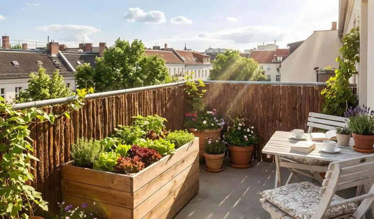 Rindenmatte aus natürlicher Baumrinde am Balkongeländer, braun, verdrahtet, mit Pflanzen und Stadtblick